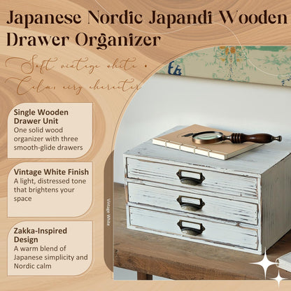 Distressed White Wooden 3-Drawer Organizer - Stackable Mini Storage Cabinet with Label Pulls for Mail, Stationery, Makeup & Keepsakes
