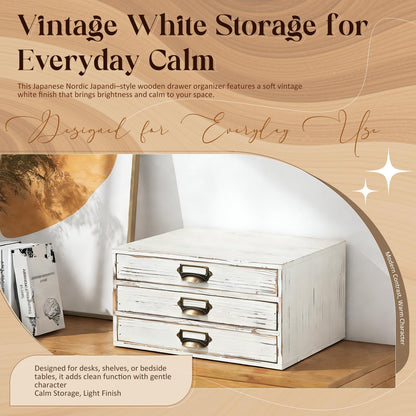 Distressed White Wooden 3-Drawer Organizer - Stackable Mini Storage Cabinet with Label Pulls for Mail, Stationery, Makeup & Keepsakes