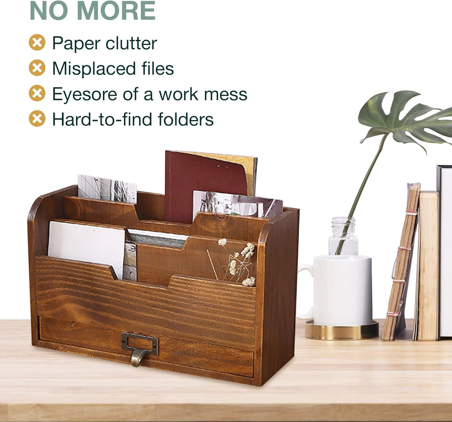 Wood Desktop File Organizer-Vertical Folder Sorter -3 Document Compartments & 1 Paper Tray Drawer