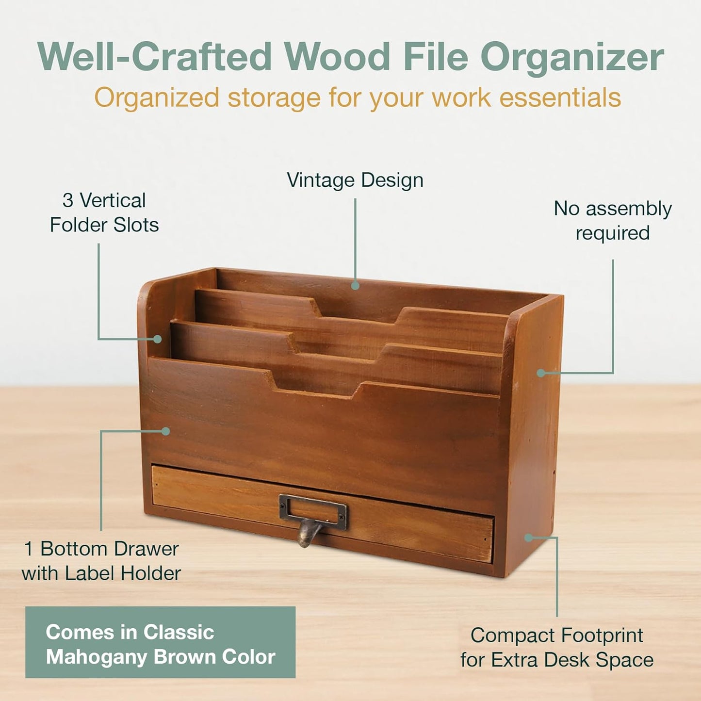 Wood Desktop File Organizer-Vertical Folder Sorter -3 Document Compartments & 1 Paper Tray Drawer