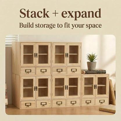 Natural Pine Glass Door Display Cabinet Set - Stackable 4-Piece Wooden Storage Organizer with 8 Drawers for Collectibles, Tea, Crafts & Decor