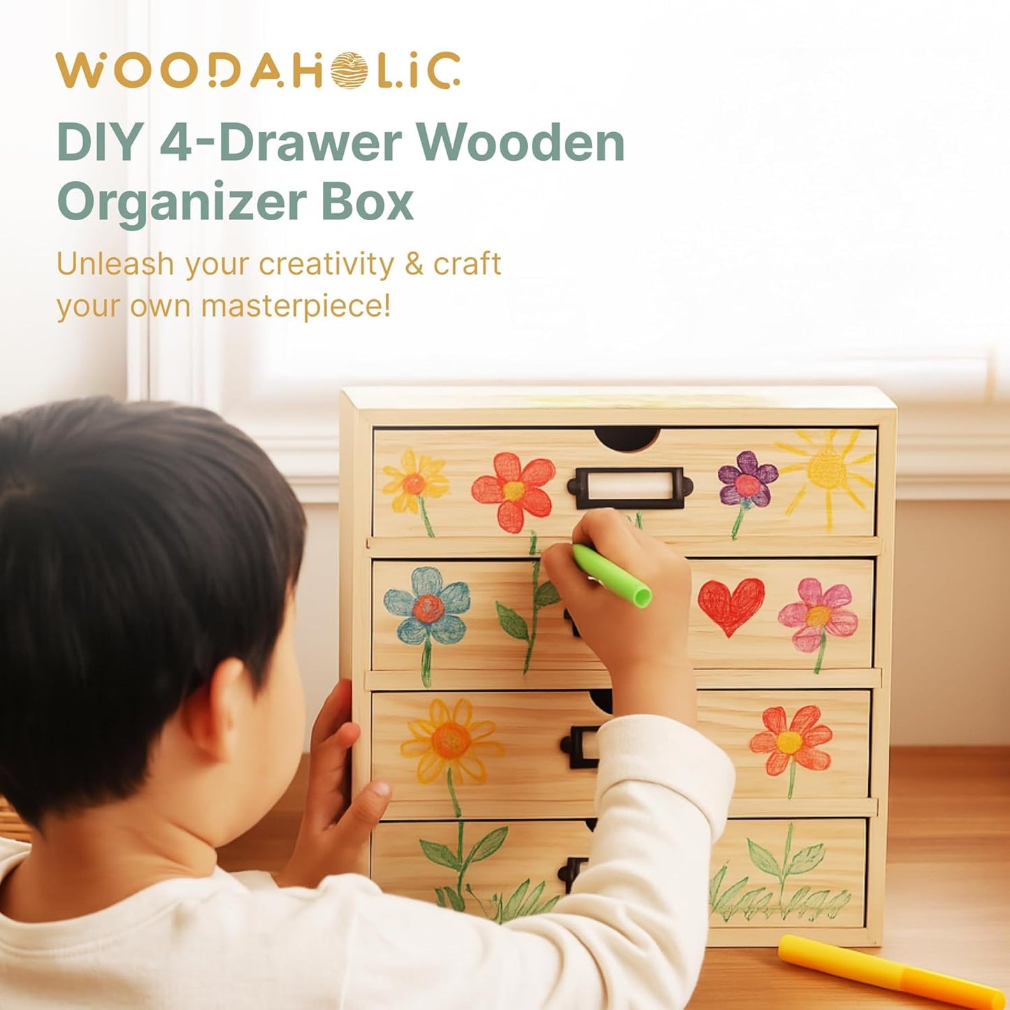 DIY Wooden Unfinished 4-Drawer Storage Box for Crafts, Office & Home | Personalizable, Compact Wooden Desktop Organizer