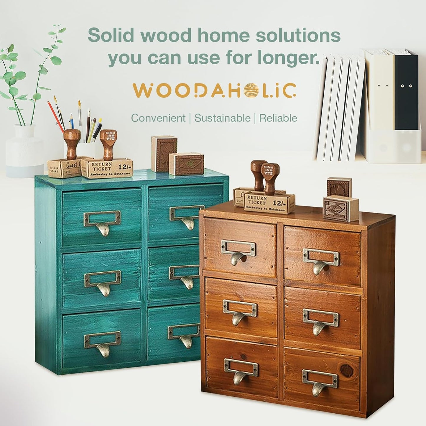 Vintage Card Catalog Drawers for Desktop - 6-Drawer Mini Wood Desktop Cabinets-Fully Assembled