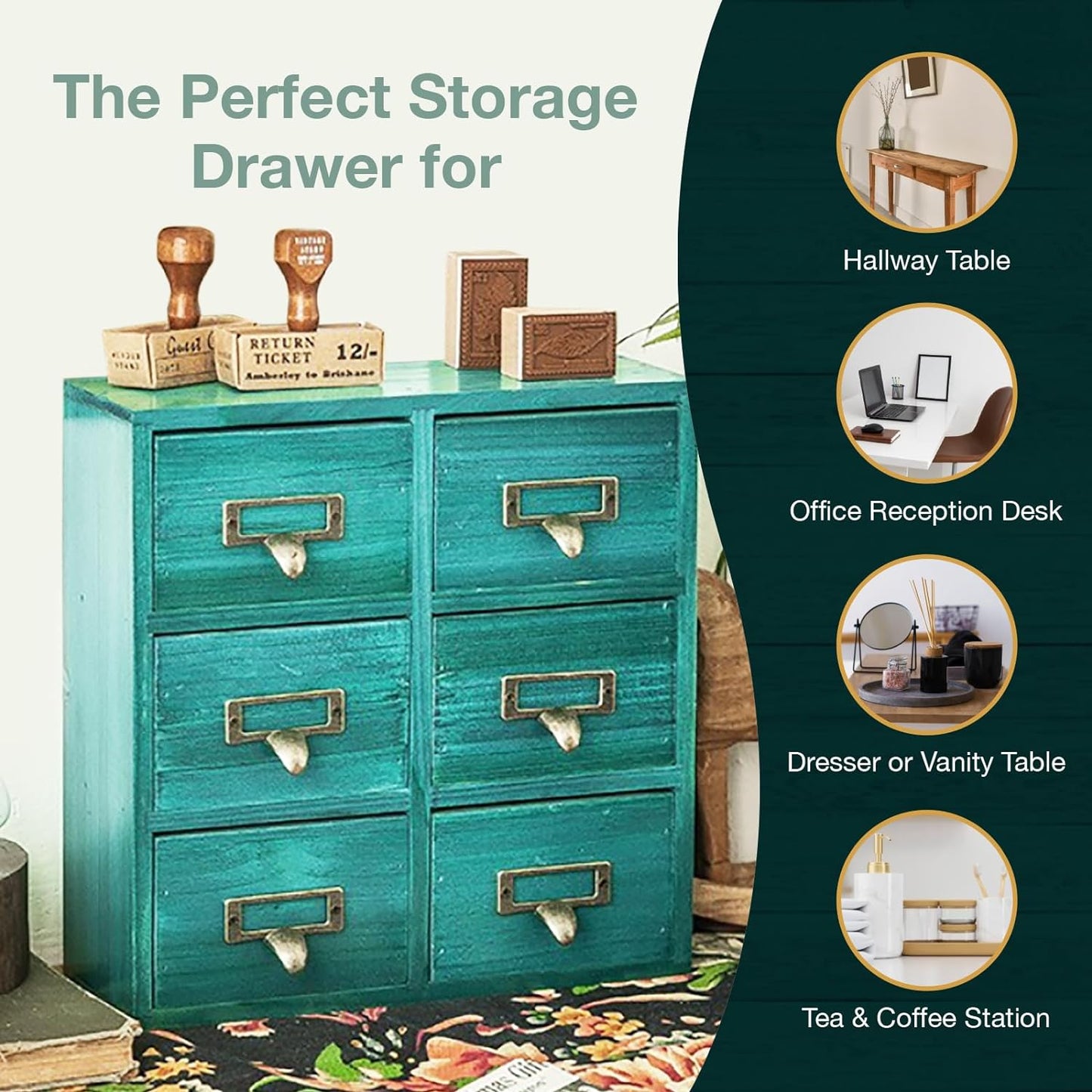 Vintage Card Catalog Drawers for Desktop - 6-Drawer Mini Wood Desktop Cabinets-Fully Assembled