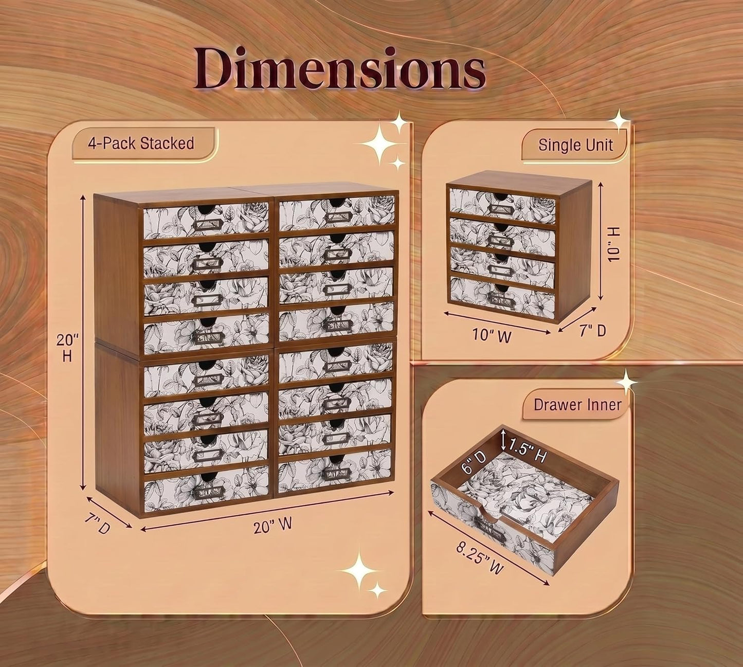 Black & White Floral 16-Drawer Wooden Organizer - Stackable Storage Cabinet with Label Holders for Stationery, Keepsakes, Sewing & Beauty Supplies