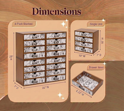 Black & White Floral 16-Drawer Wooden Organizer - Stackable Storage Cabinet with Label Holders for Stationery, Keepsakes, Sewing & Beauty Supplies