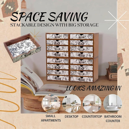 Black & White Floral 16-Drawer Wooden Organizer - Stackable Storage Cabinet with Label Holders for Stationery, Keepsakes, Sewing & Beauty Supplies