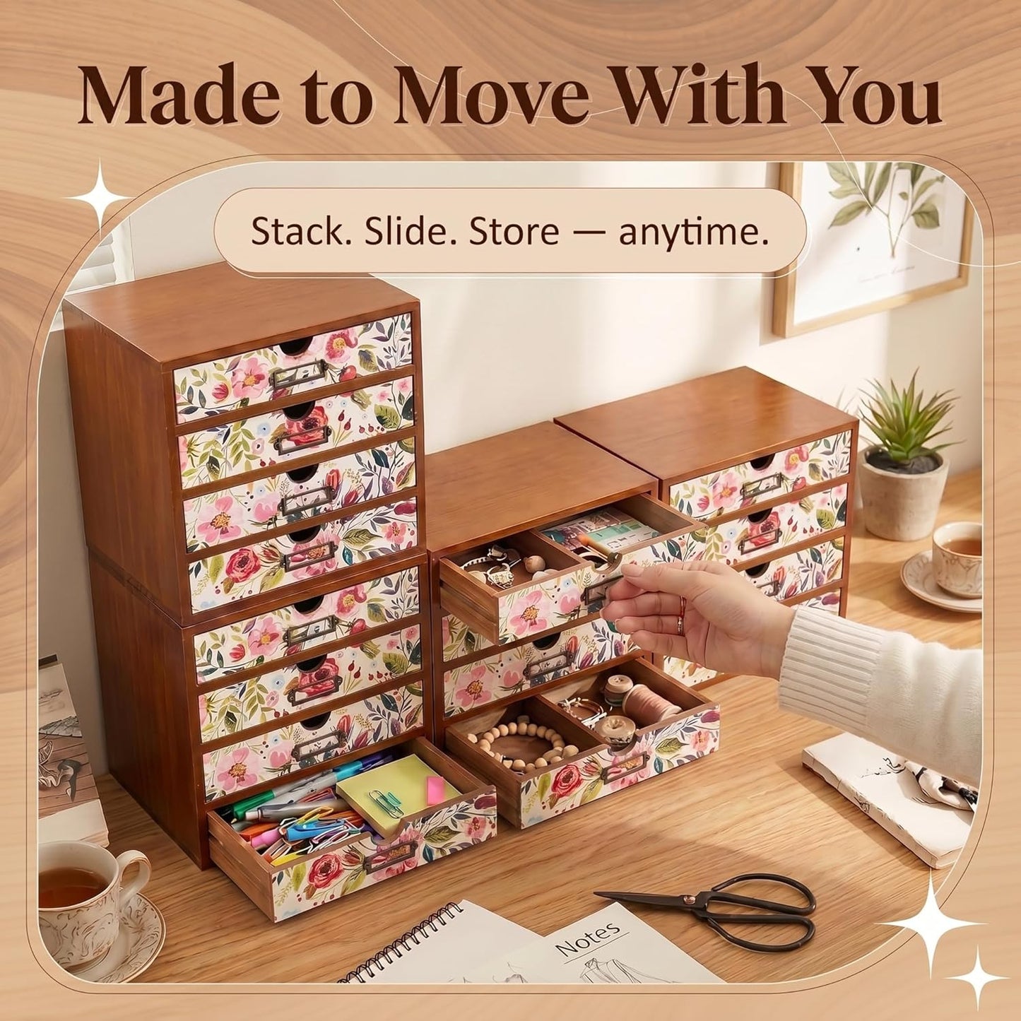 Floral 16-Drawer Wooden Organizer Set - Modular Stackable Desktop Storage Cabinet for Desk, Vanity, Kitchen, Crafts & Jewelry