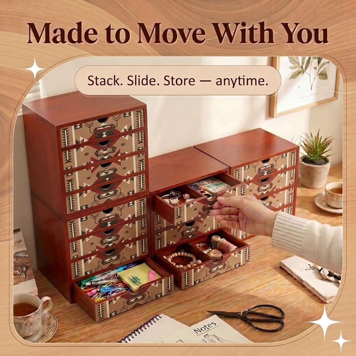 Southwestern Geometric 16-Drawer Wooden Organizer - Stackable Storage Cabinet with Label Pulls for Jewelry, Beads, Cables & Craft Supplies