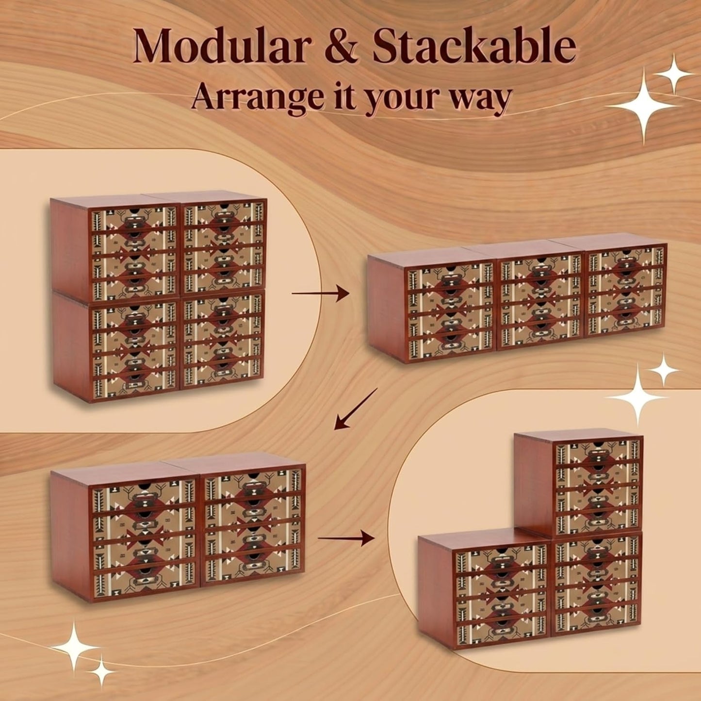 Southwestern Geometric 16-Drawer Wooden Organizer - Stackable Storage Cabinet with Label Pulls for Jewelry, Beads, Cables & Craft Supplies