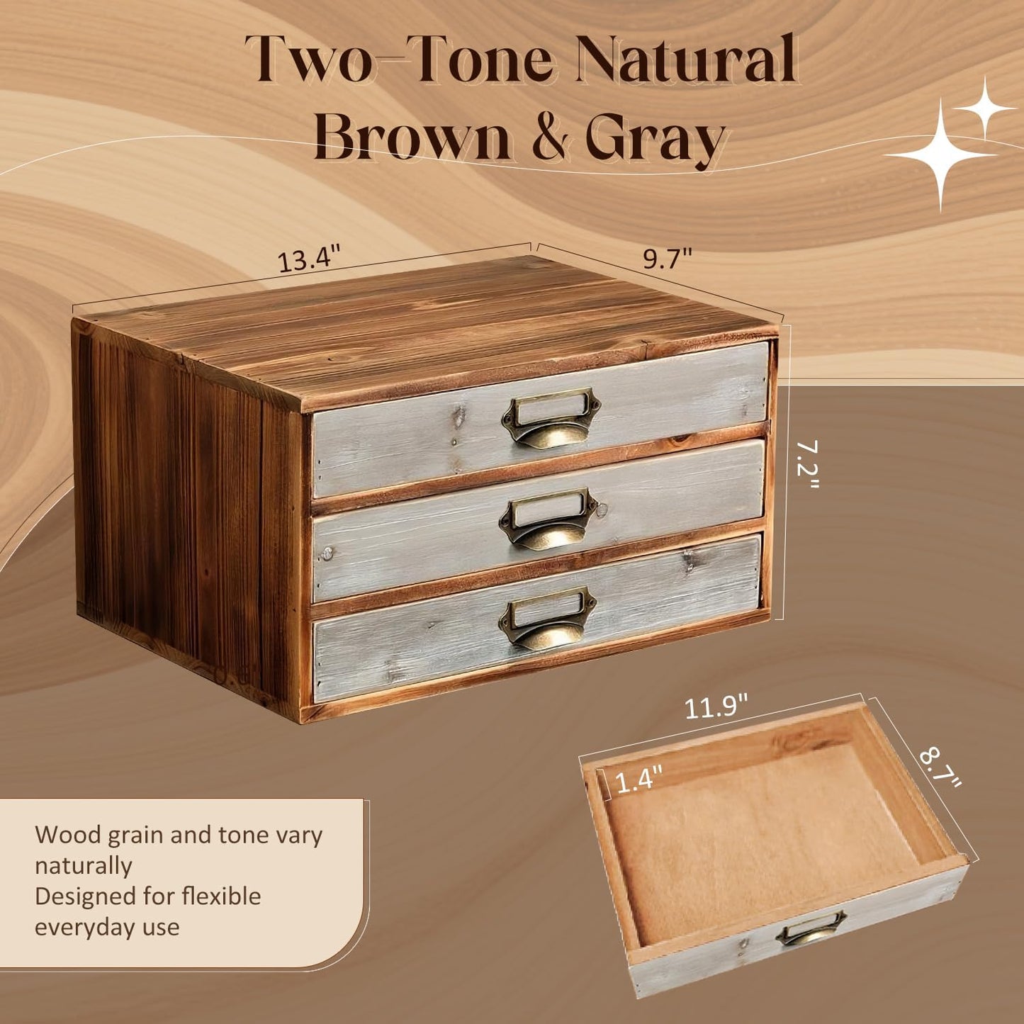 Two-Tone Wood 3-Drawer Organizer - Stackable Desktop Storage Cabinet with Label Pulls for Mail, Receipts, Accessories & Hobby Supplies