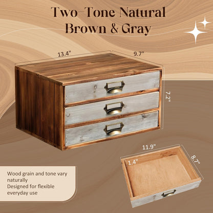 Two-Tone Wood 3-Drawer Organizer - Stackable Desktop Storage Cabinet with Label Pulls for Mail, Receipts, Accessories & Hobby Supplies