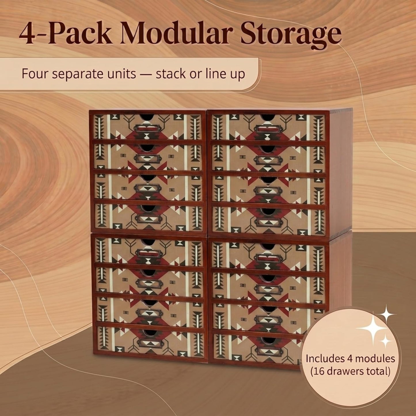 Southwestern Geometric 16-Drawer Wooden Organizer - Stackable Storage Cabinet with Label Pulls for Jewelry, Beads, Cables & Craft Supplies