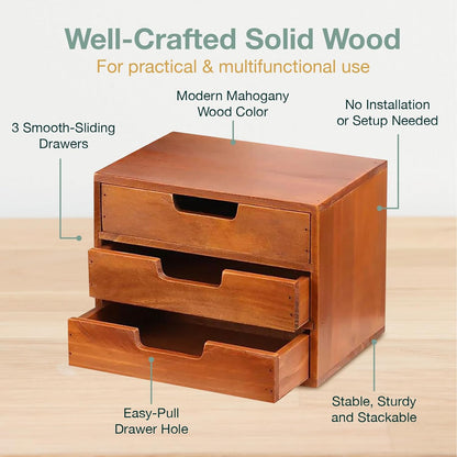 Triple Drawer Desktop Storage Organizer in Modern Wood Design-Countertop Organizer Drawer in Mahogany Wood