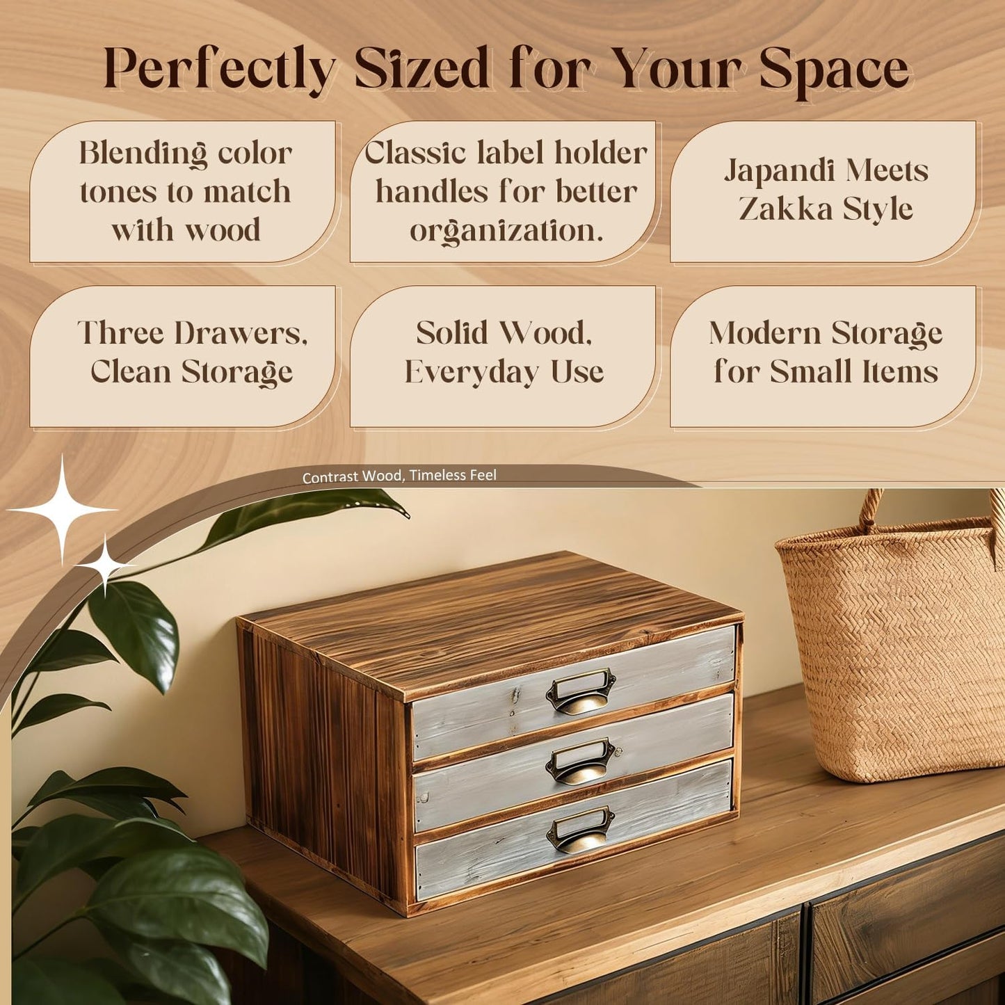 Two-Tone Wood 3-Drawer Organizer - Stackable Desktop Storage Cabinet with Label Pulls for Mail, Receipts, Accessories & Hobby Supplies