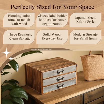 Two-Tone Wood 3-Drawer Organizer - Stackable Desktop Storage Cabinet with Label Pulls for Mail, Receipts, Accessories & Hobby Supplies