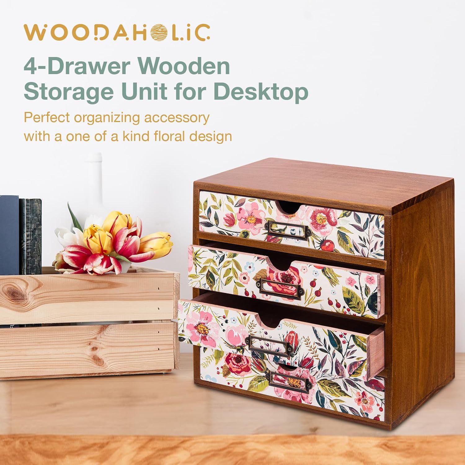 Load image into Gallery viewer, Vintage Floral 4-Drawer Desk Organizer - Wooden Tabletop Storage Cabinet