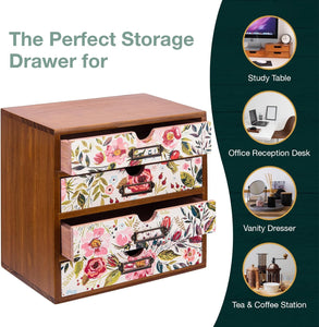 Vintage Floral 4-Drawer Desk Organizer - Wooden Tabletop Storage Cabinet