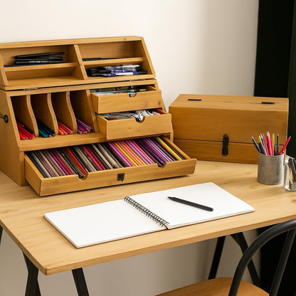 Hardwood Artist Desk Organizer with Drawers & Compartments