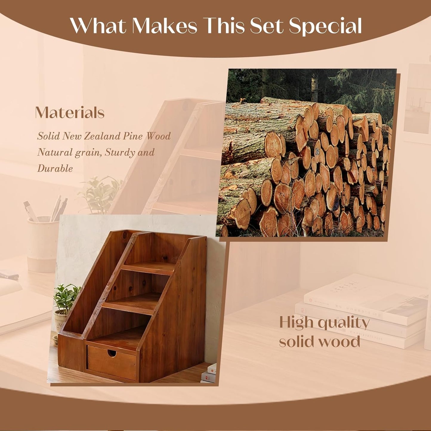 Vintage Wooden Desk Organizer Set of 2 – Desktop File Holder, Shelf Organizer & Drawer Storage