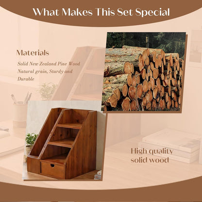 Vintage Wooden Desk Organizer Set of 2 – Desktop File Holder, Shelf Organizer & Drawer Storage