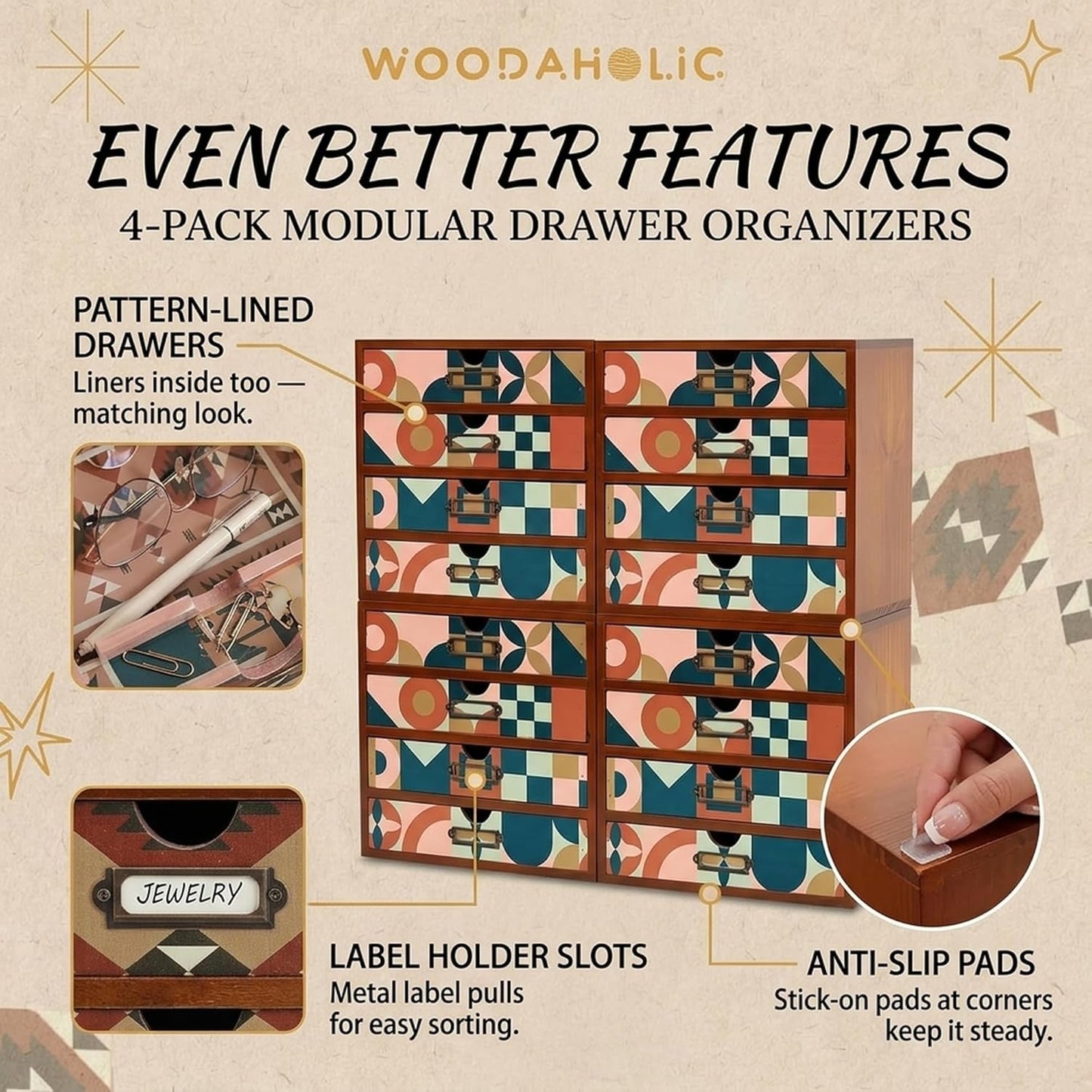 Mid-Century Modern 16-Drawer Wooden Organizer Set - Modular Stackable Desktop Storage Cabinet for Desk, Vanity, Kitchen, Crafts & Jewelry