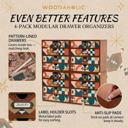Mid-Century Modern 16-Drawer Wooden Organizer Set - Modular Stackable Desktop Storage Cabinet for Desk, Vanity, Kitchen, Crafts & Jewelry