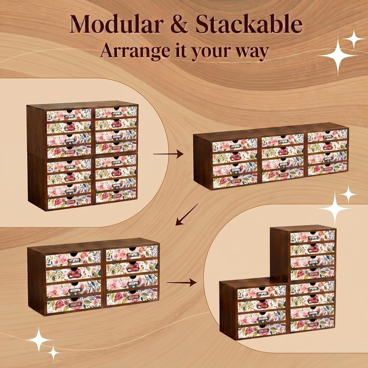 Floral 16-Drawer Wooden Organizer Set - Modular Stackable Desktop Storage Cabinet for Desk, Vanity, Kitchen, Crafts & Jewelry