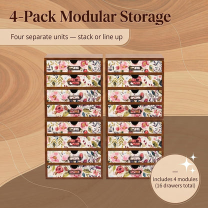 Floral 16-Drawer Wooden Organizer Set - Modular Stackable Desktop Storage Cabinet for Desk, Vanity, Kitchen, Crafts & Jewelry