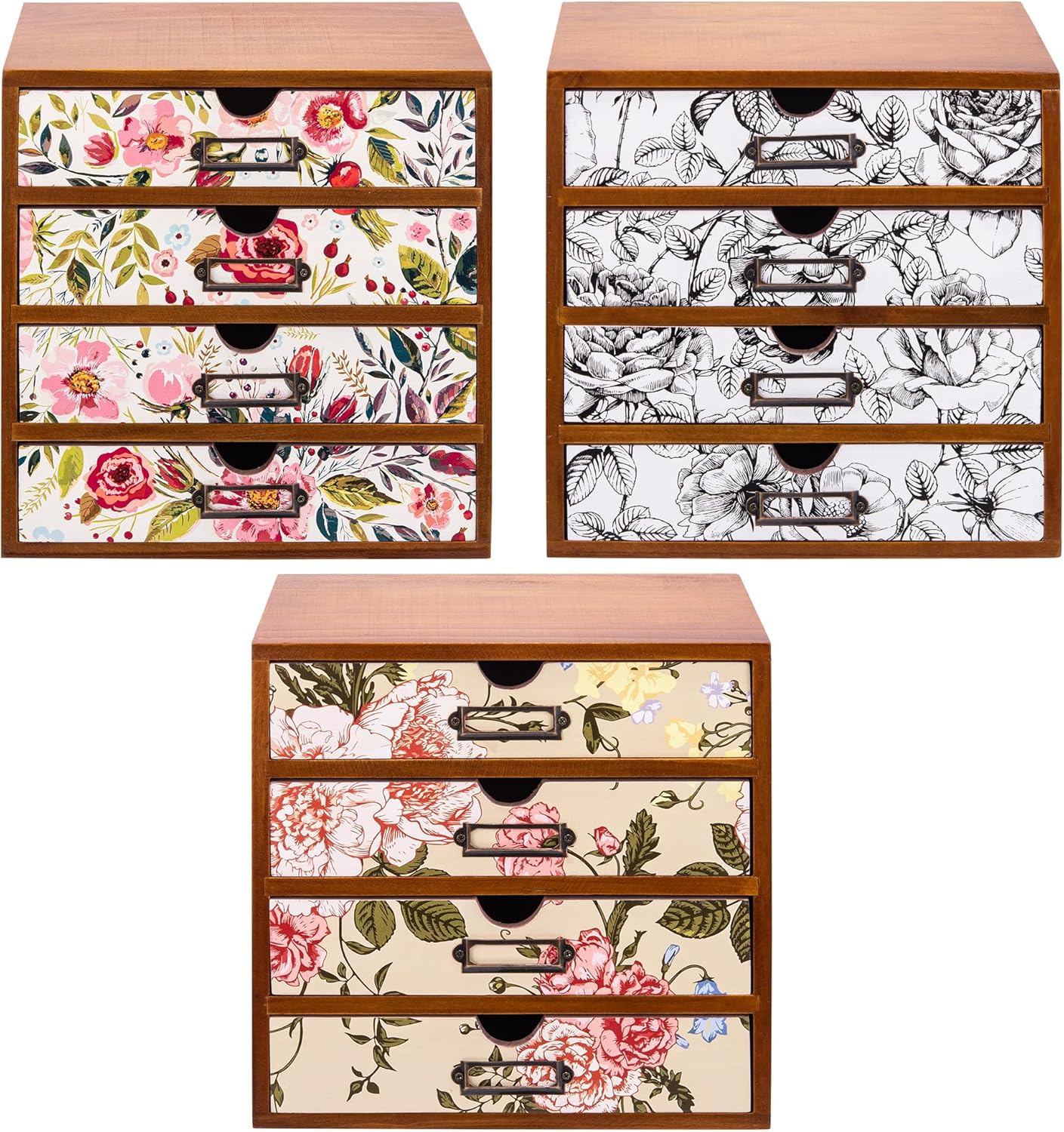 Load image into Gallery viewer, Unique Floral Desktop Organizer 3 Set Collection – 4 Drawer Vintage Wood Shelf For Arts &amp; Craft Supplies