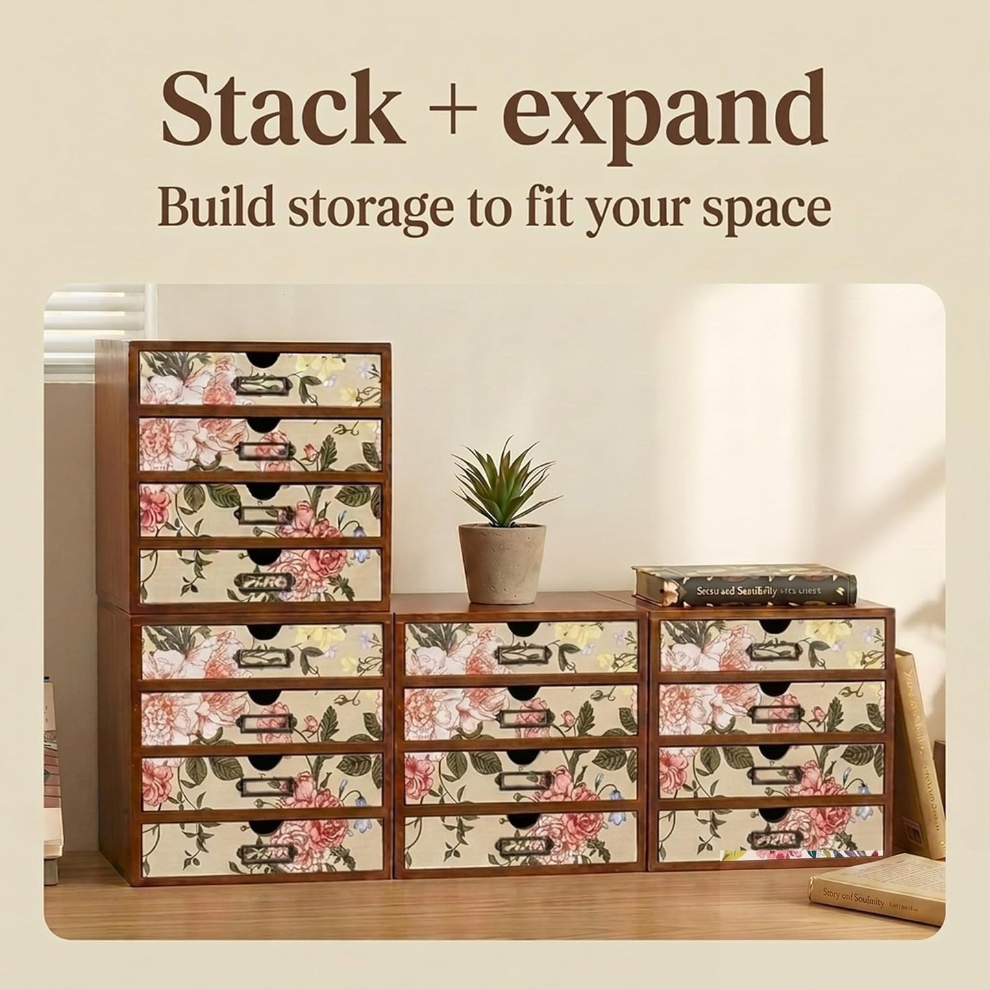 Victorian Floral 16-Drawer Wooden Organizer Set - Modular Stackable Desktop Storage Cabinet for Desk, Vanity