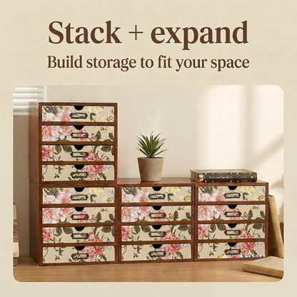 Victorian Floral 16-Drawer Wooden Organizer Set - Modular Stackable Desktop Storage Cabinet for Desk, Vanity