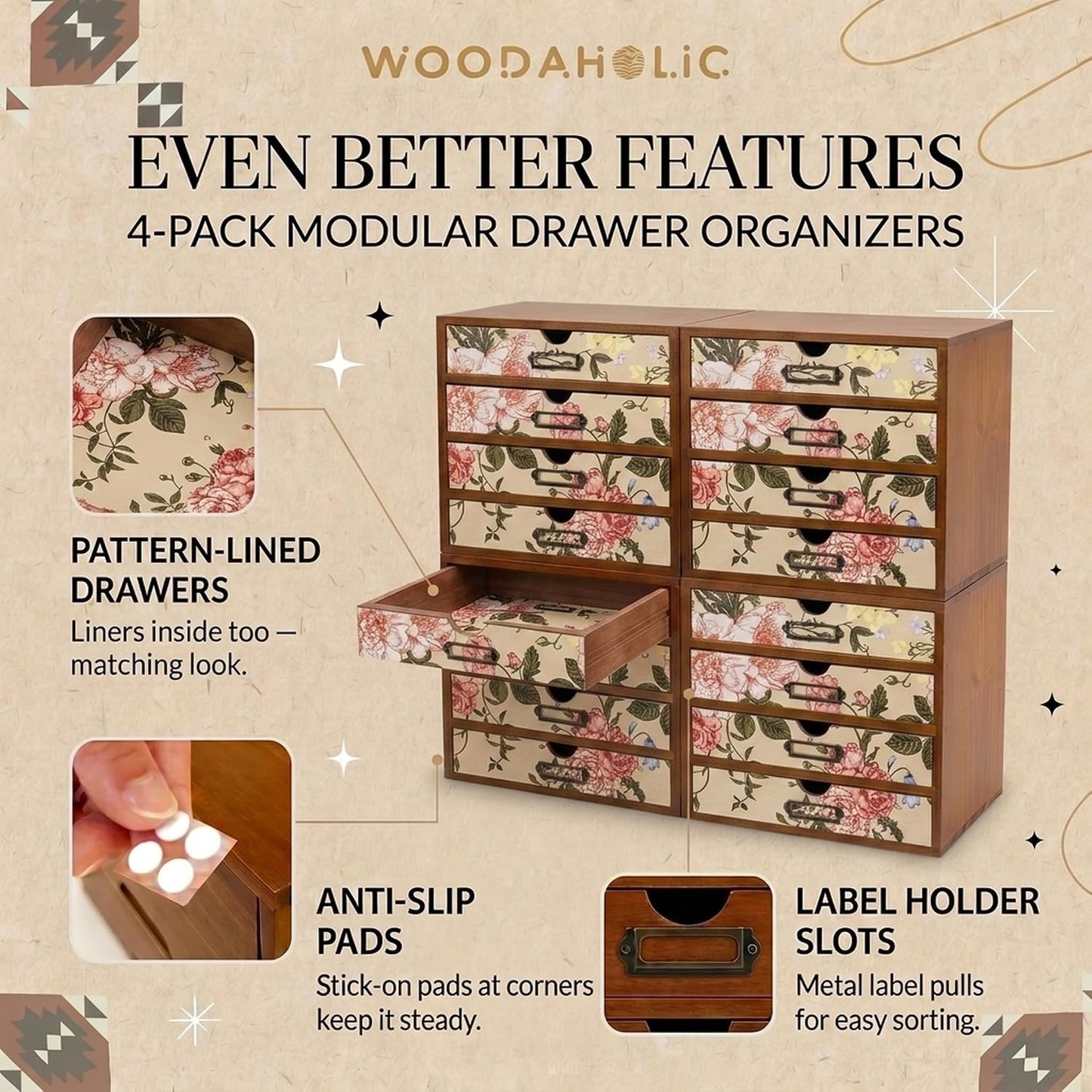 Victorian Floral 16-Drawer Wooden Organizer Set - Modular Stackable Desktop Storage Cabinet for Desk, Vanity