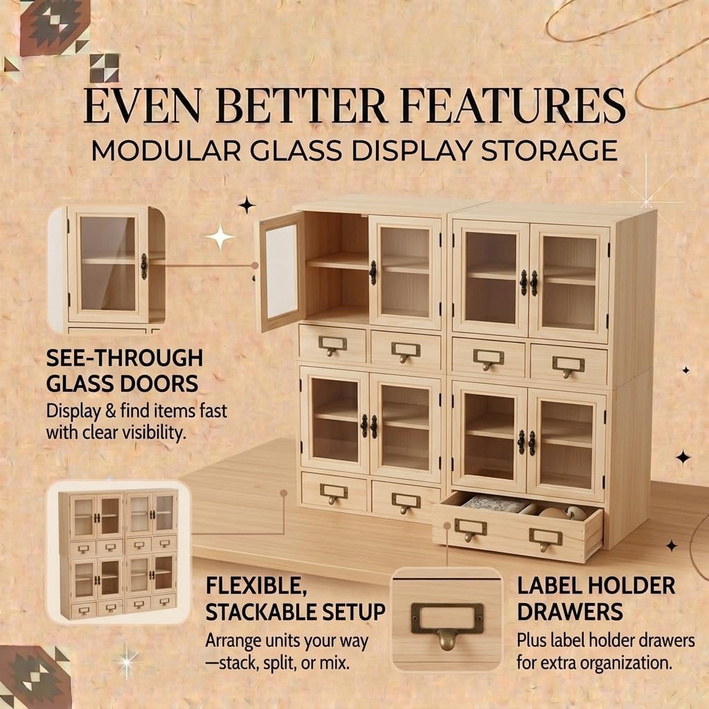 Natural Pine Glass Door Display Cabinet Set - Stackable 4-Piece Wooden Storage Organizer with 8 Drawers for Collectibles, Tea, Crafts & Decor