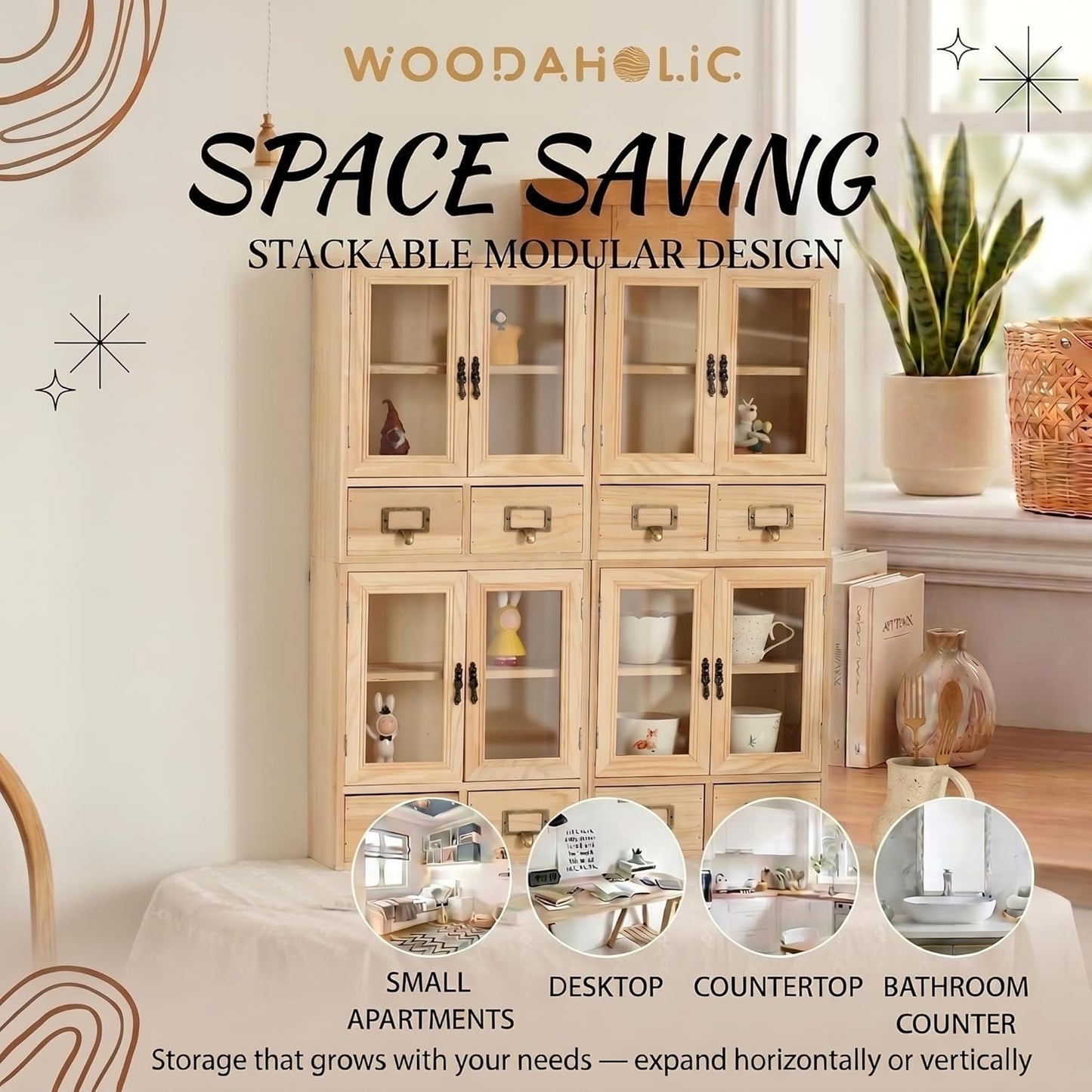 Natural Pine Glass Door Display Cabinet Set - Stackable 4-Piece Wooden Storage Organizer with 8 Drawers for Collectibles, Tea, Crafts & Decor