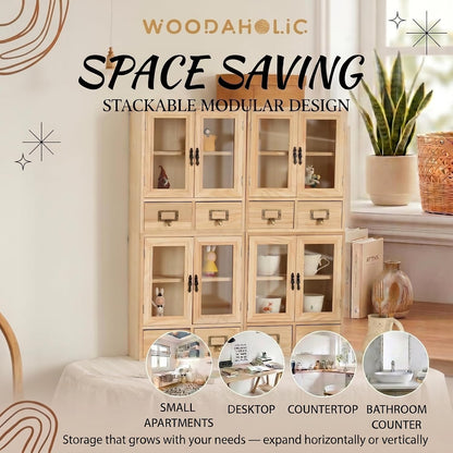 Natural Pine Glass Door Display Cabinet Set - Stackable 4-Piece Wooden Storage Organizer with 8 Drawers for Collectibles, Tea, Crafts & Decor