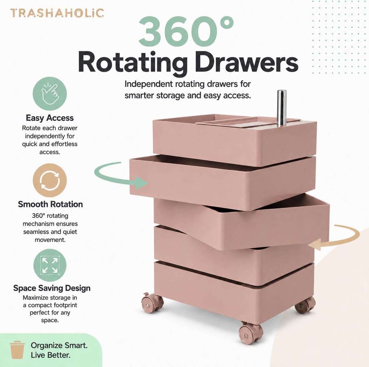 Mid-Century Modern 5-Drawer Rolling Utility Storage Cart with 360° Rotating Drawers - Pink