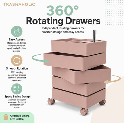 Mid-Century Modern 5-Drawer Rolling Utility Storage Cart with 360° Rotating Drawers - Pink