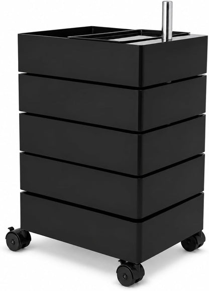 Mid-Century Modern 5-Drawer Rolling Utility Storage Cart with 360° Rotating Drawers & Locking Wheels - Black