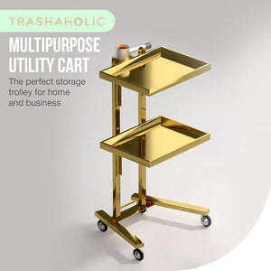 Gold 2-Tier Fooldable Utility Cart on Wheels - Mobile Storage for Dental Tools, Cavitation Machine, Salon Supplies
