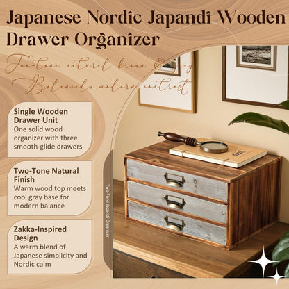 Two-Tone Wood 3-Drawer Organizer - Stackable Desktop Storage Cabinet with Label Pulls for Mail, Receipts, Accessories & Hobby Supplies