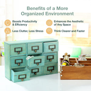Teal Wooden Drawer Organizer for Desktop - Vintage Apothecary Cabinet With 9 Drawers - Wood Desk Organizer