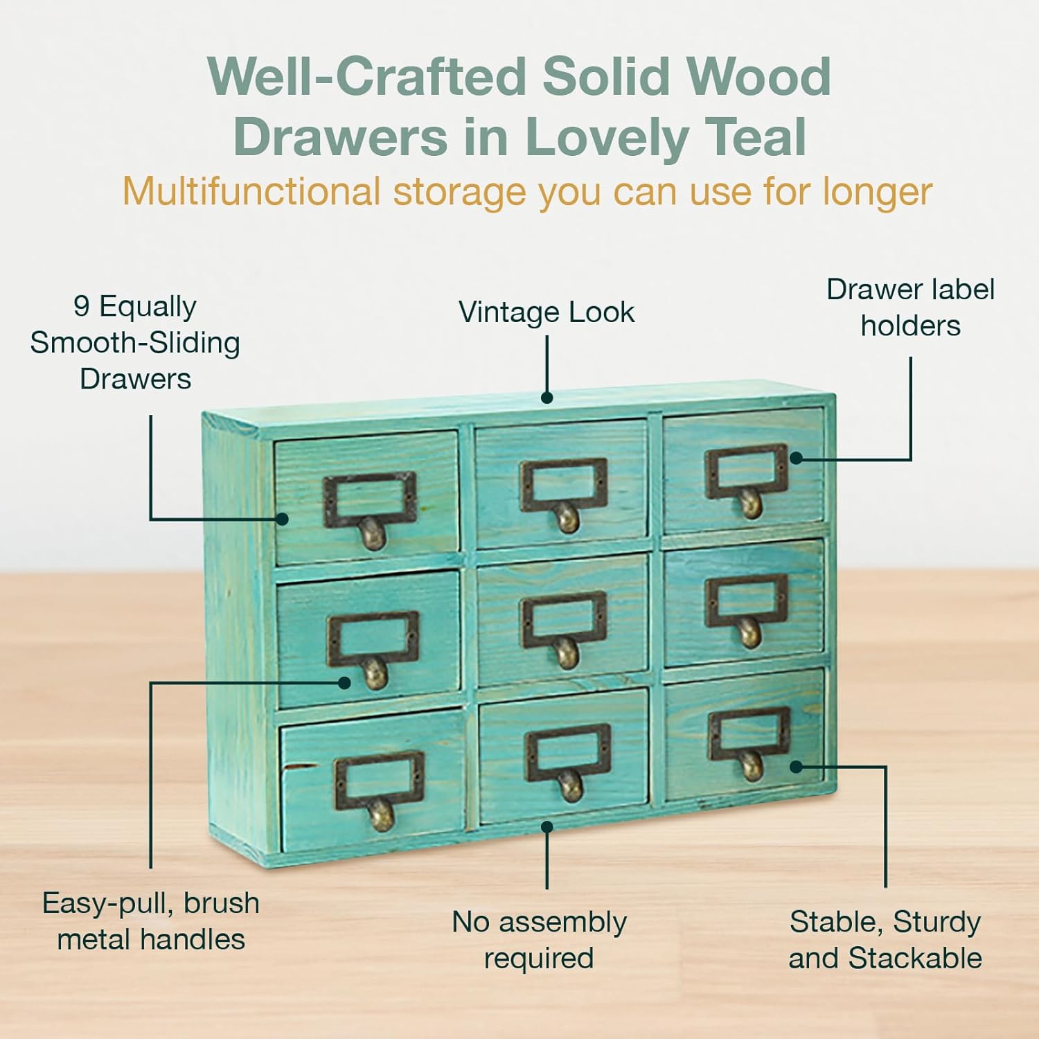 Load image into Gallery viewer, Teal Wooden Drawer Organizer for Desktop - Vintage Apothecary Cabinet With 9 Drawers - Wood Desk Organizer