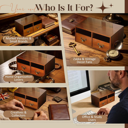 4-Pack Wide Wooden Desktop Drawer Organizer with Brass Label Holders | Stackable 8-Drawer Storage Boxes for Desk, Shelf, Office & Home