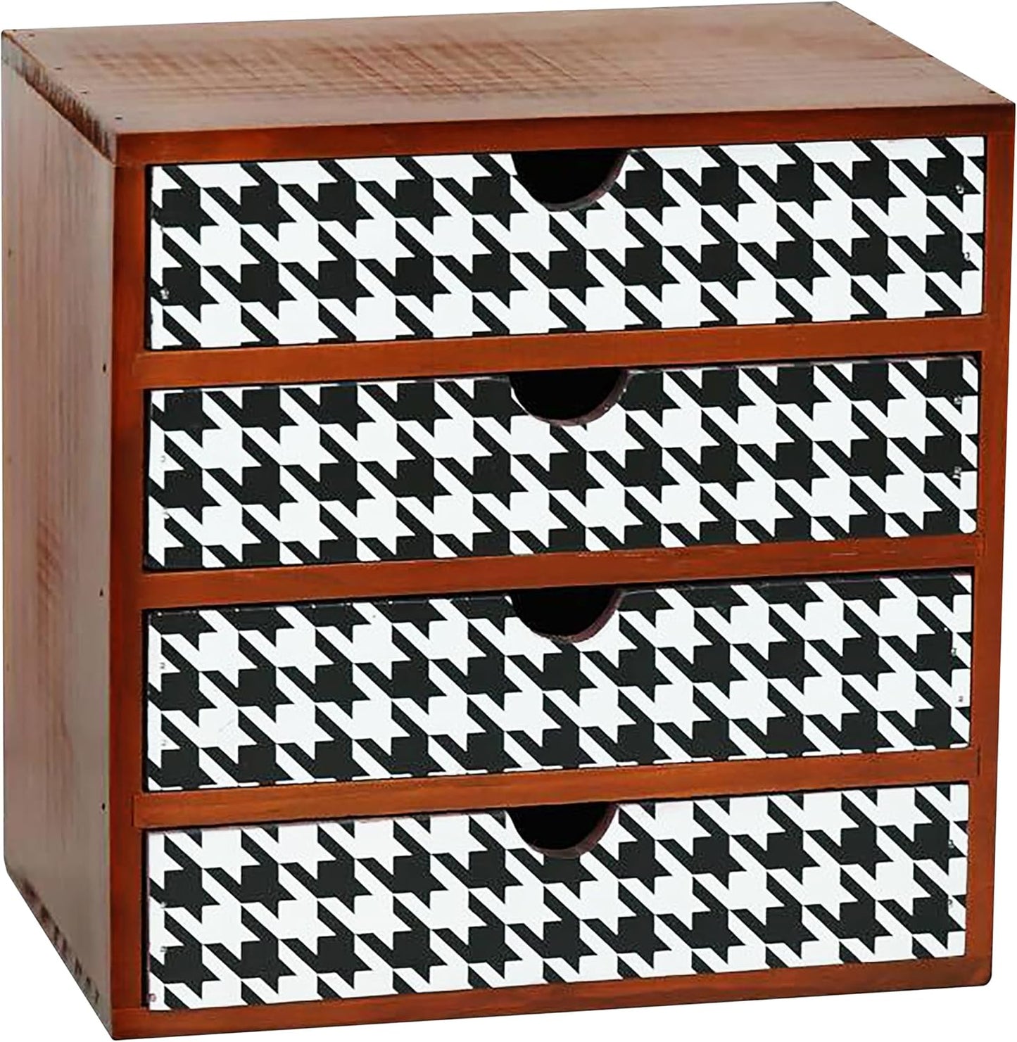 Houndstooth Pattern Wooden Desk Organizer - 4-Drawer Modern & Rustic Storage Cabinet for Office, Crafts, & Home Organization