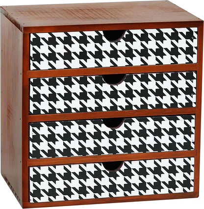 Houndstooth Pattern Wooden Desk Organizer - 4-Drawer Modern & Rustic Storage Cabinet for Office, Crafts, & Home Organization