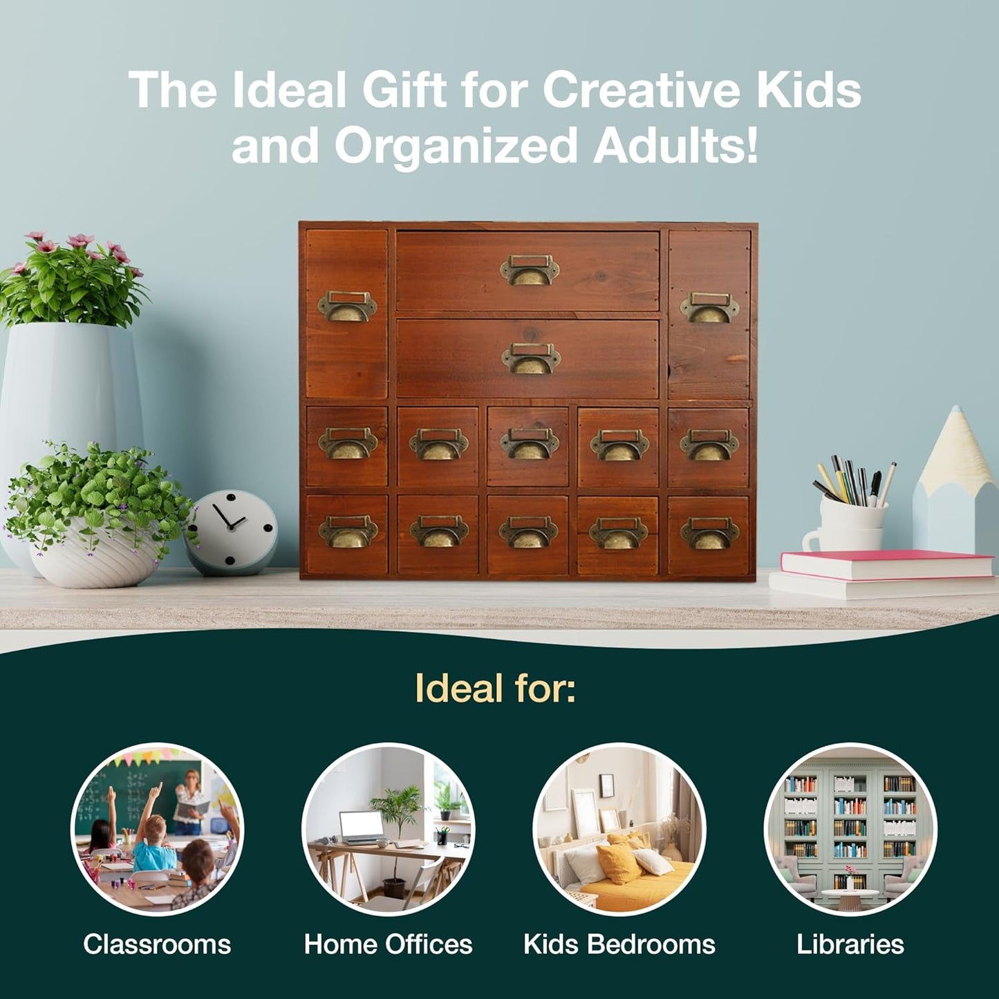 Vintage 14-Drawer Wooden Apothecary Cabinet – Mini Storage Chest with Brass Handles – Desktop Organizer for Index Cards