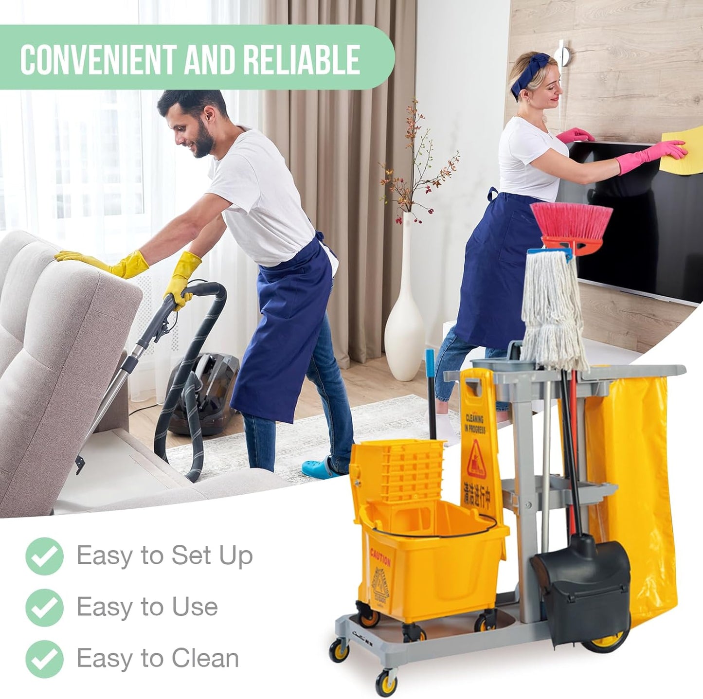 Janitorial Utility Cart - Multifunctional 3-Tier Cleaning Cart with 25-Gal Removable Trash Bag - Waste Management Trolley