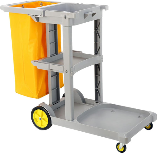 Janitorial Utility Cart - Multifunctional 3-Tier Cleaning Cart with 25-Gal Removable Trash Bag - Waste Management Trolley