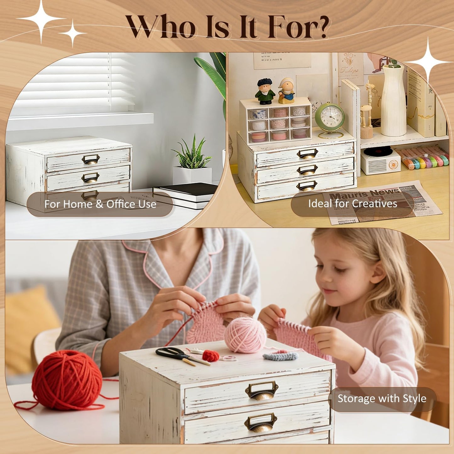 Distressed White Wooden 3-Drawer Organizer - Stackable Mini Storage Cabinet with Label Pulls for Mail, Stationery, Makeup & Keepsakes